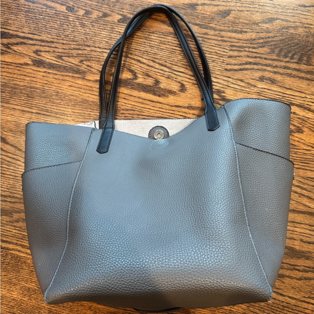 Elegant Gray Leather Large Tote Bag